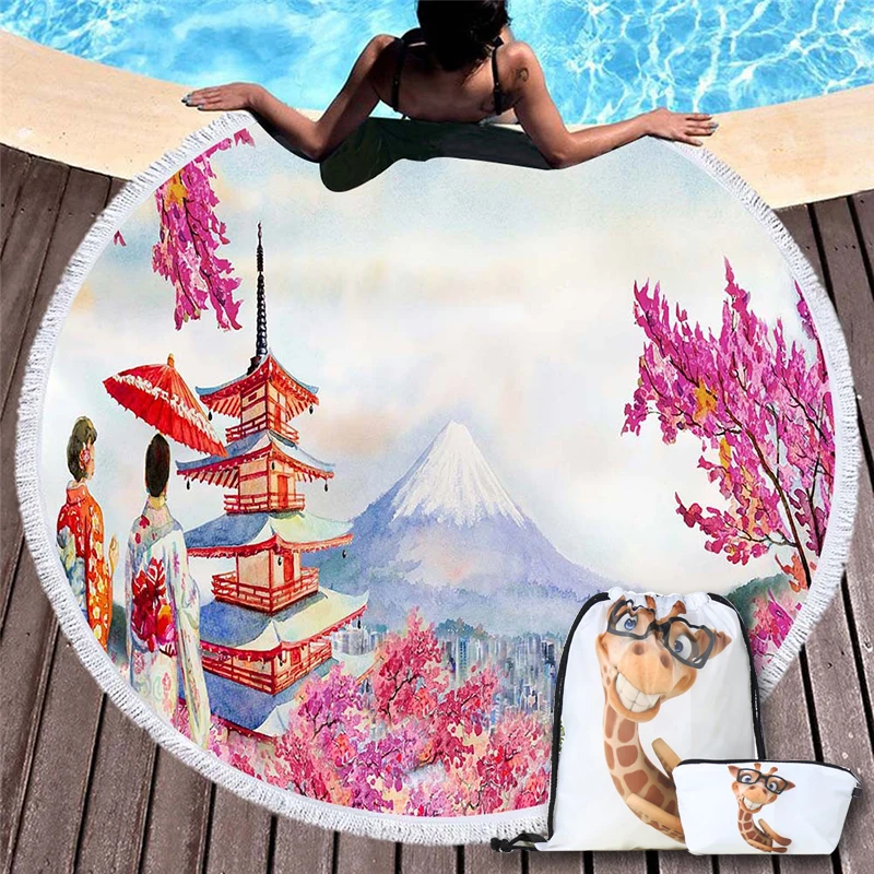 

Japan Cherry Retro Girl Beach Towel with Giraffe Backpack Natural Scenery Oil Painting Pattern Beach Towel for Home Decoration