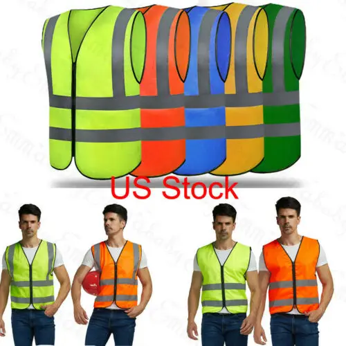 

US Safety Vest Zip Up Reflective Tape Workwear Jacket Night Day High Visibility