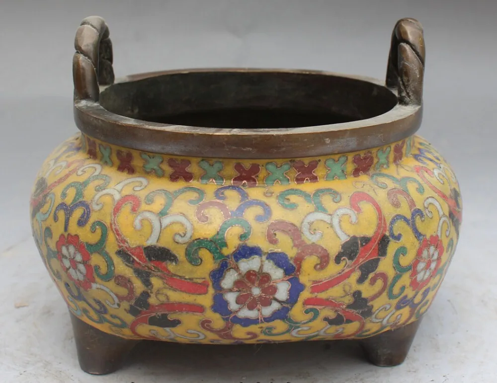 

S0048 6" Marked Chinese Bronze Cloisonne Enamel 3 Foot incense burner Censer Statue D0317