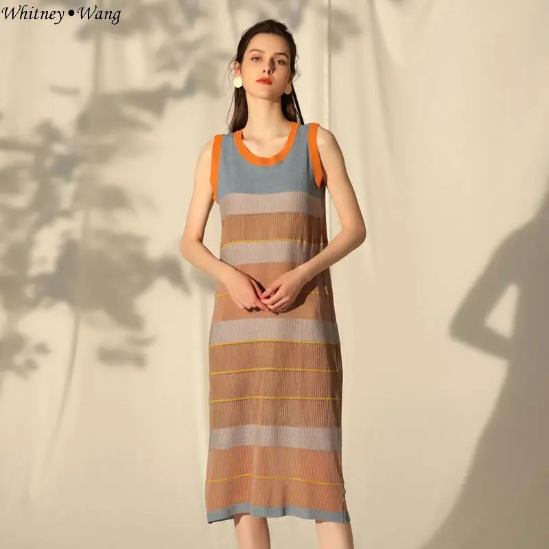 WHITNEY WANG 2019 летнее модное уличное цветное Контрастное трикотажное платье женское