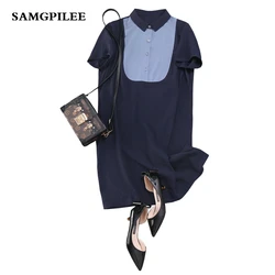 2019 New Fashion Samgpilee Casual A-line Patchwork Short Sleeve Appliques Knee-length Turn-down Collar Summer Women Dress L-4XL 2019 New Fashion Samgpilee Casual A-line Patchwork Short Sleeve Appliques Knee-length Turn-down Collar Summer Women Dress L-4XL