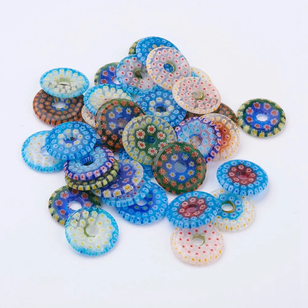 

Handmade Gold Sand Lampwork Beads, with Millefiori Glass, Flat Round for Jewelry Making DIY Mixed Color 20x10mm