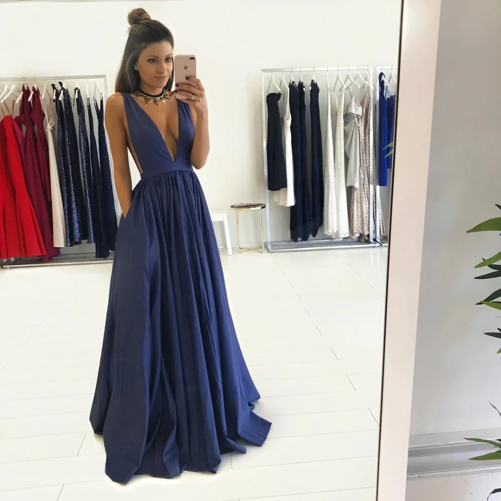 

Hot Dark Navy V-Neck Prom Dress Sleeveless A-Line Evening dresses Long Party Dress Vestido de noche Robe de soiree longue 2017