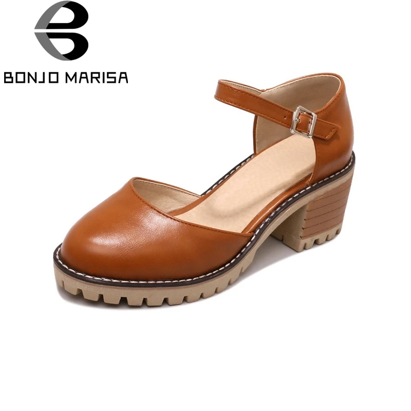 

BONJOMARISA New women's Ankle Strap Square High Heels Solid Round Toe Platform Shoes Woman Casual Pumps Big Size 34-43