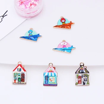 

10pcs Fashion Enamel Charms Metal Printed House Airplane Charms Girls Lady DIY Necklace Pendant Jewelry Accessory Findings YZ481