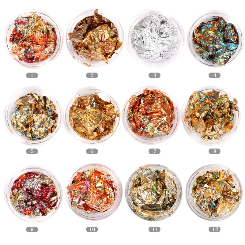 12 Colors/set Nail Foils Sticker Gold Silver Glitter Adhesive Glue Image Transfer Paillette Flake Chip Foil Paper Nail Art Tips