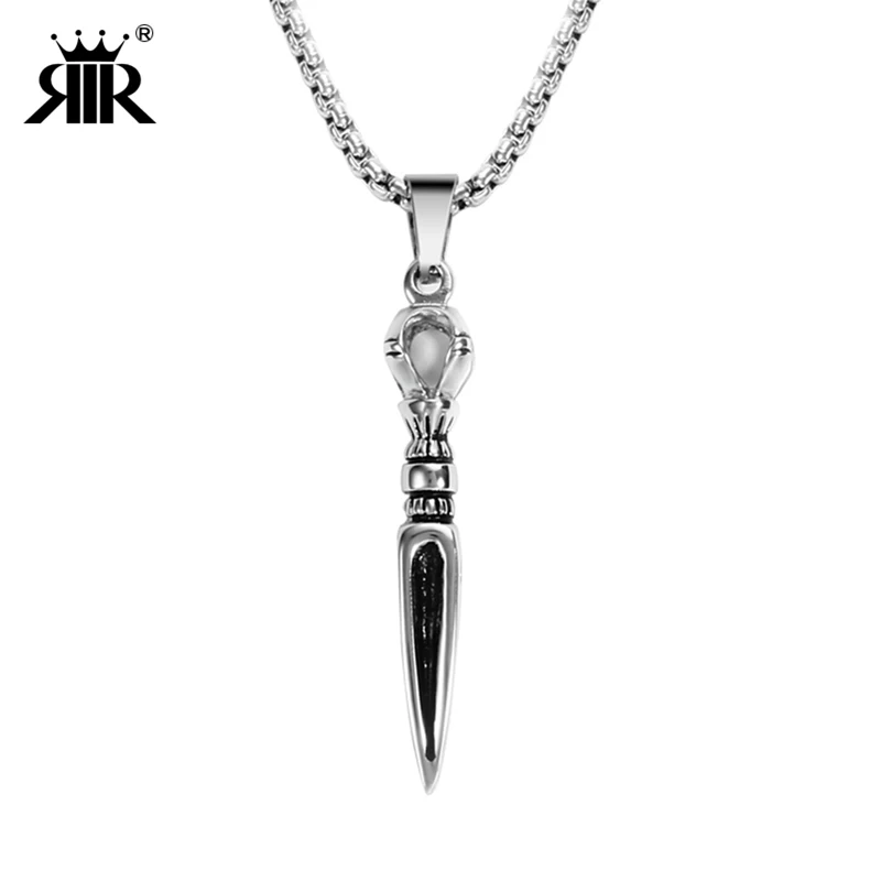 

RIR Ornate Stainless Steel Dagger Necklace Pendants Antique Mens Gothic Necklace Fantasy Spike Magic Pendants With Silver Chain