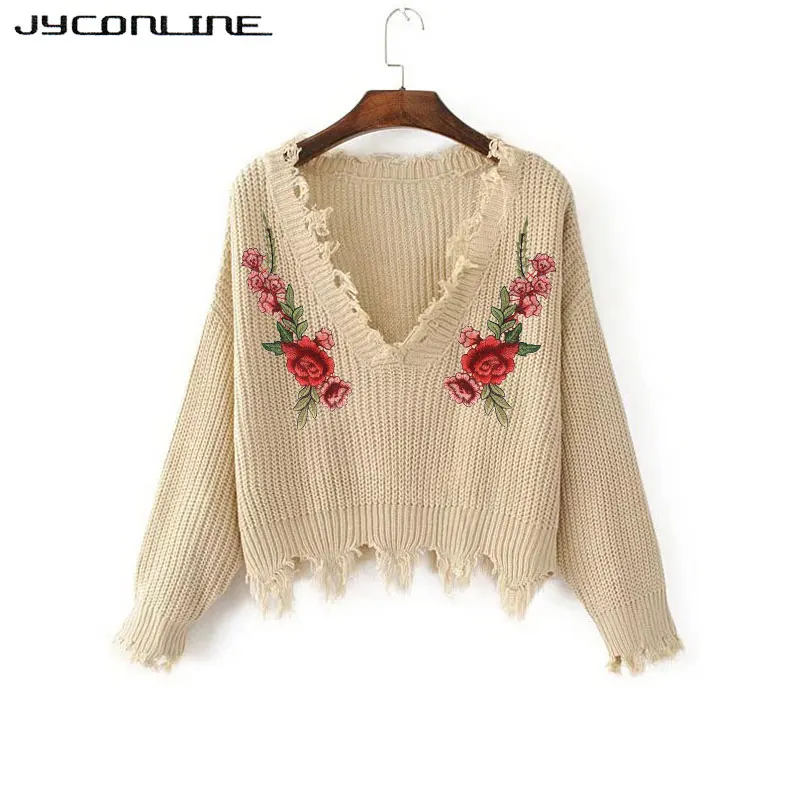 JYConline 2019 Autumn Sweater Women Embroidery Knitted Winter And Pullover Female Floral V Neck Pull Femme Jumper | Женская одежда