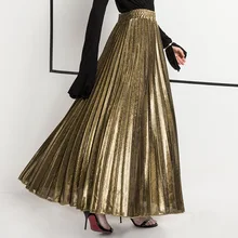 Wasteheart Silver Golden Women Casual High Waist Ball Gown Pleated Skirts Ankle Length Long Skirt Clothing Female Plus Size