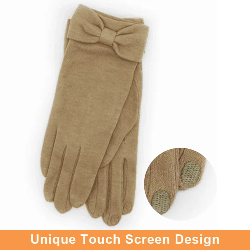 Женские перчатки, зимние перчатки, смешанные волокна, теплые мягкие перчатки из пряжи, милый бант, браслет, нескользящая одежда, простые шерстяные варежки с сенсорным экраном