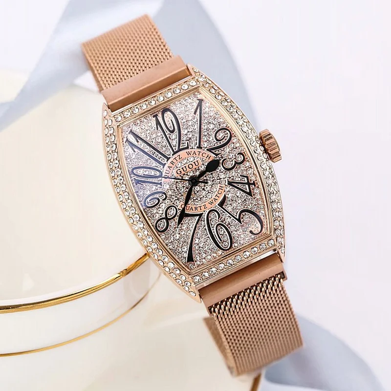 

Dropshipping Fashion Wine Barrel Shaped Ladies Watches Diamond Dial Personality Rose Gold Casual Iron Strap Quartz Women's Watch