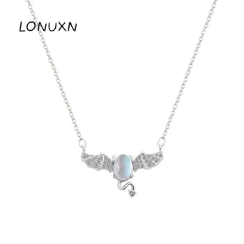 

High quality natural semi-precious stone moonstone 925 Sterling Silver Women Angel devil wings shape Necklaces&Pendants Jewelry