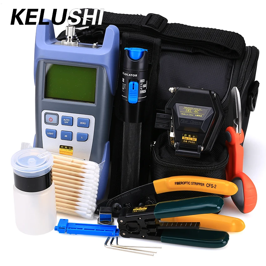 

KELUSHI 18pcs/Set FTTH Tool Kit with 6C Fiber Cleaver Optical Power Meter 5mW Visual Fault Locator Optic Stripper