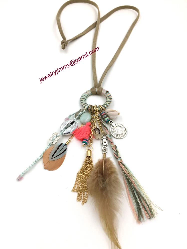 

2015New personalized handmade jewelry supplier unique boho feather pendant long Necklaces for women