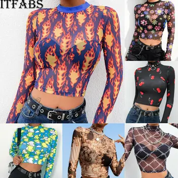 

Hot Women's Lady Blouse Print Chiffon Long Sleeve O-Neck Ladies Mesh Sheer Crop Top High Waist Transparent Club Casual Tee Tops