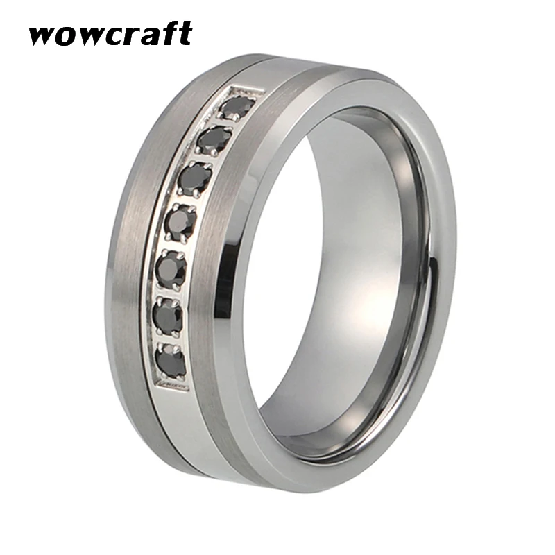 

8mm Black Tungsten Carbide Ring with CZ Stones Mens Wedding Band Brushed Polished Comfort Fit