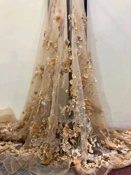 

5 yards khaki embroidered tulle multi-color lace fabric with gold 3D florals Sequins French bead lace fabric for haute couture