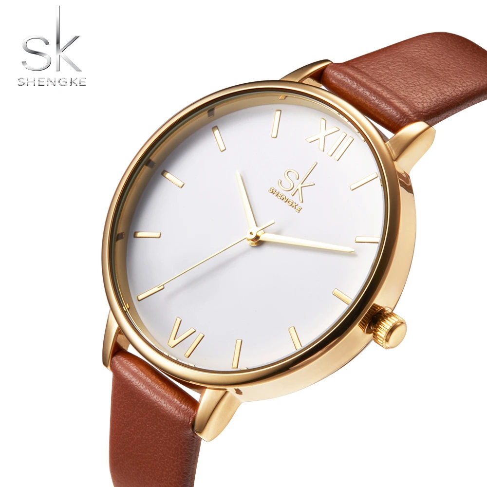 Shengke Brand Women Watches Simple Leather Wristwatch Lady Gold Luxury Dial Watches Mixmatch Relogio Feminino Brown Leather 2017