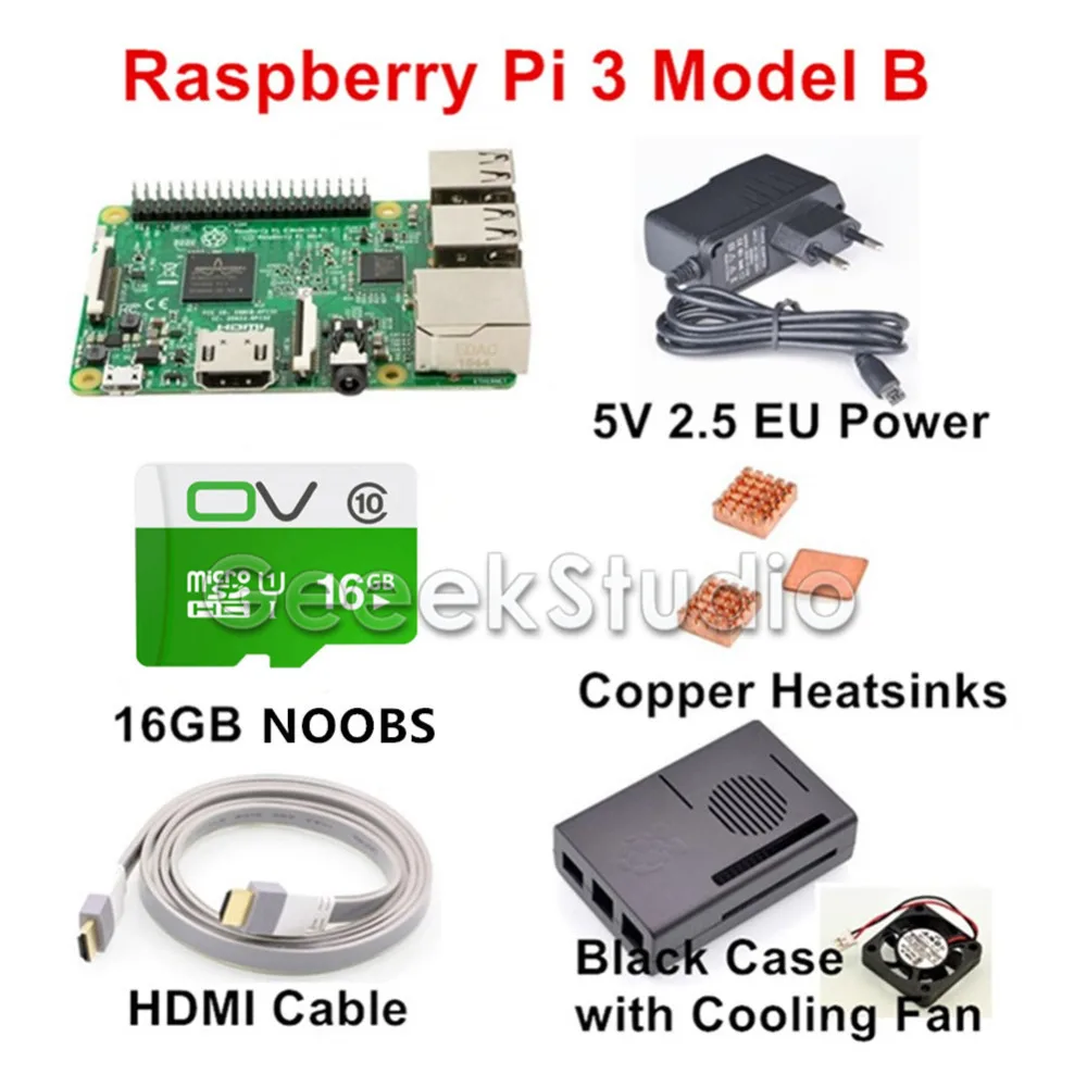 

Raspberry Pi 3 Model B Starter Kit with 16GB SD NOOBS + 5V 2.5A EU/UK/AU Power Supply + Copper Heatsinks