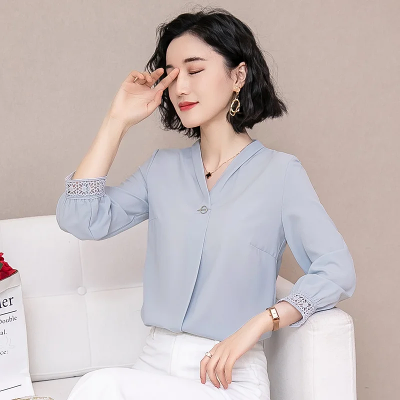 

Nine-Sleeve Chiffon Blouse Female hollow out lace women tops apricot chiffon v-neck blouses shirt Spring Garment 2019 New 52H3
