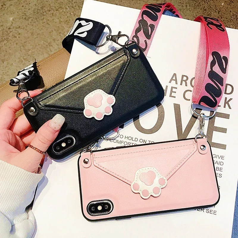 

Cat Claw Cell Wallet Phone Case For iphone crossbody case Xs Max XR 6 6s X 7 8 Plus Leather Card Slot With Shoulder Strap Cover