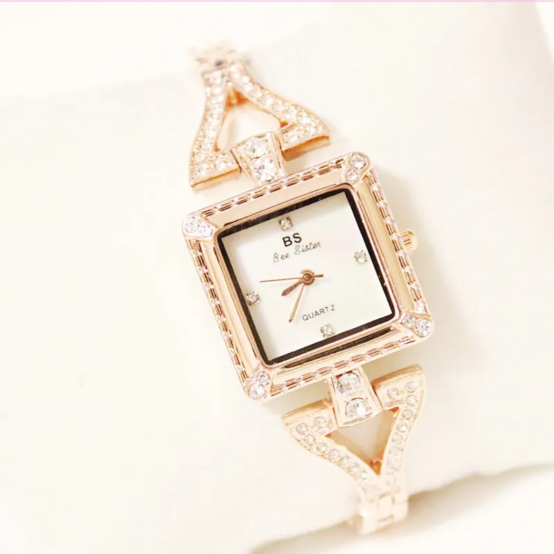 

Rose Gold Ladies Quartz Watch Full Rhinestone Small Chain Female Watch Square Dial High Quality No Digital Custom Linked List