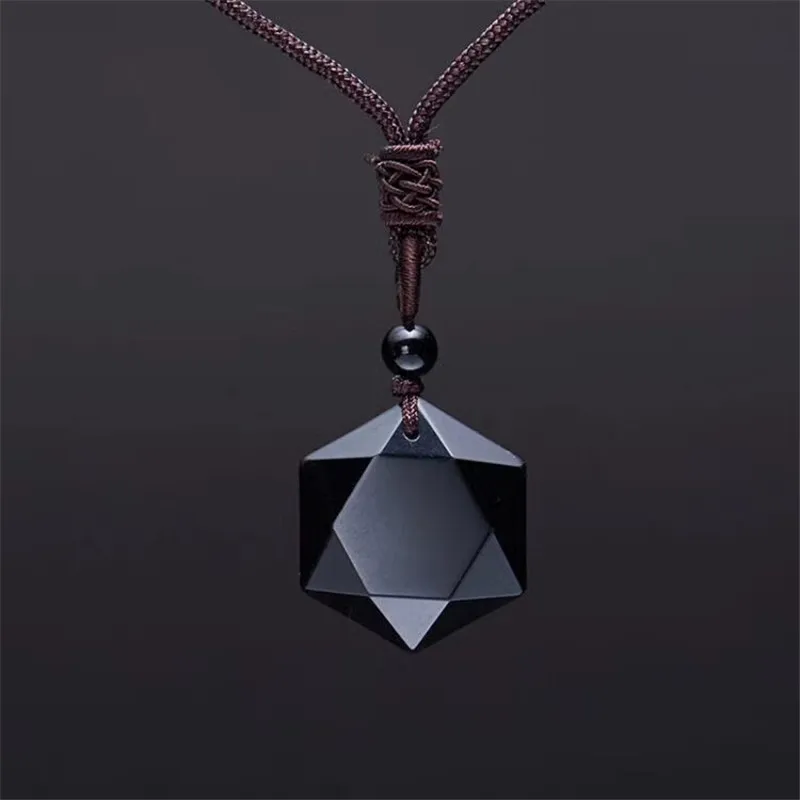 

Black Obsidian Natural Stone Pendant Necklaces For Women and Men Cubic Hexagram Sweater Necklace Amulets And Talismans Jewelry
