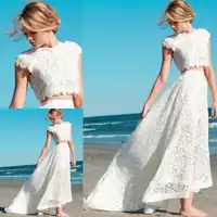 2019 แฟชั่นฤดูร้อนสั้น 2 ชิ้น Lace Hi - Lo ชุดโรแมนติกลูกเรือคอ Vestido ชาความยาว Beach de Mariage