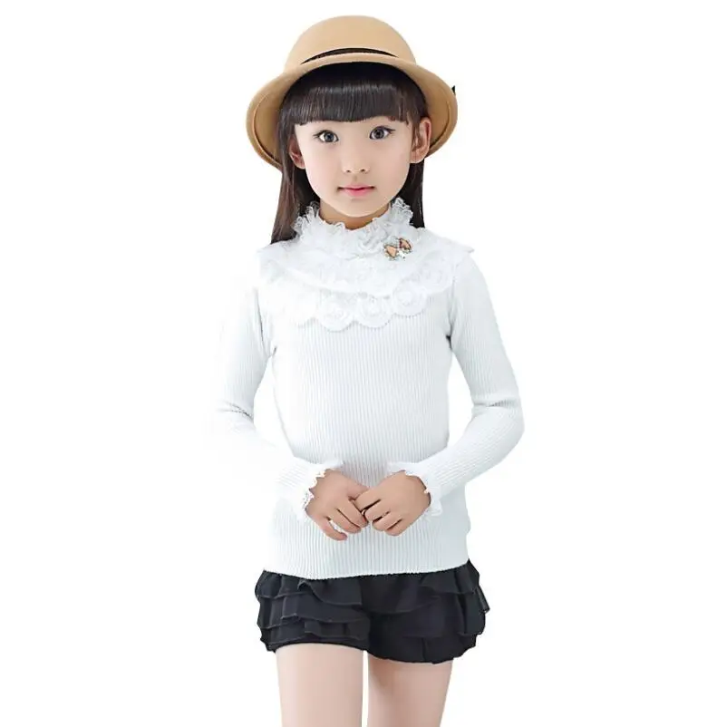 Белый и черный свитер с длинными рукавами для девочек-подростков, топы, кружевные детские вязаные пуловеры, свитера, кардиган, детская одежда