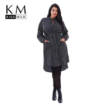 

Kissmilk Plus Size Plaid Button Emboridery High Low Cut Out Long Sleeve Waist Tie Two Pocket Women Autumn Casual Dress