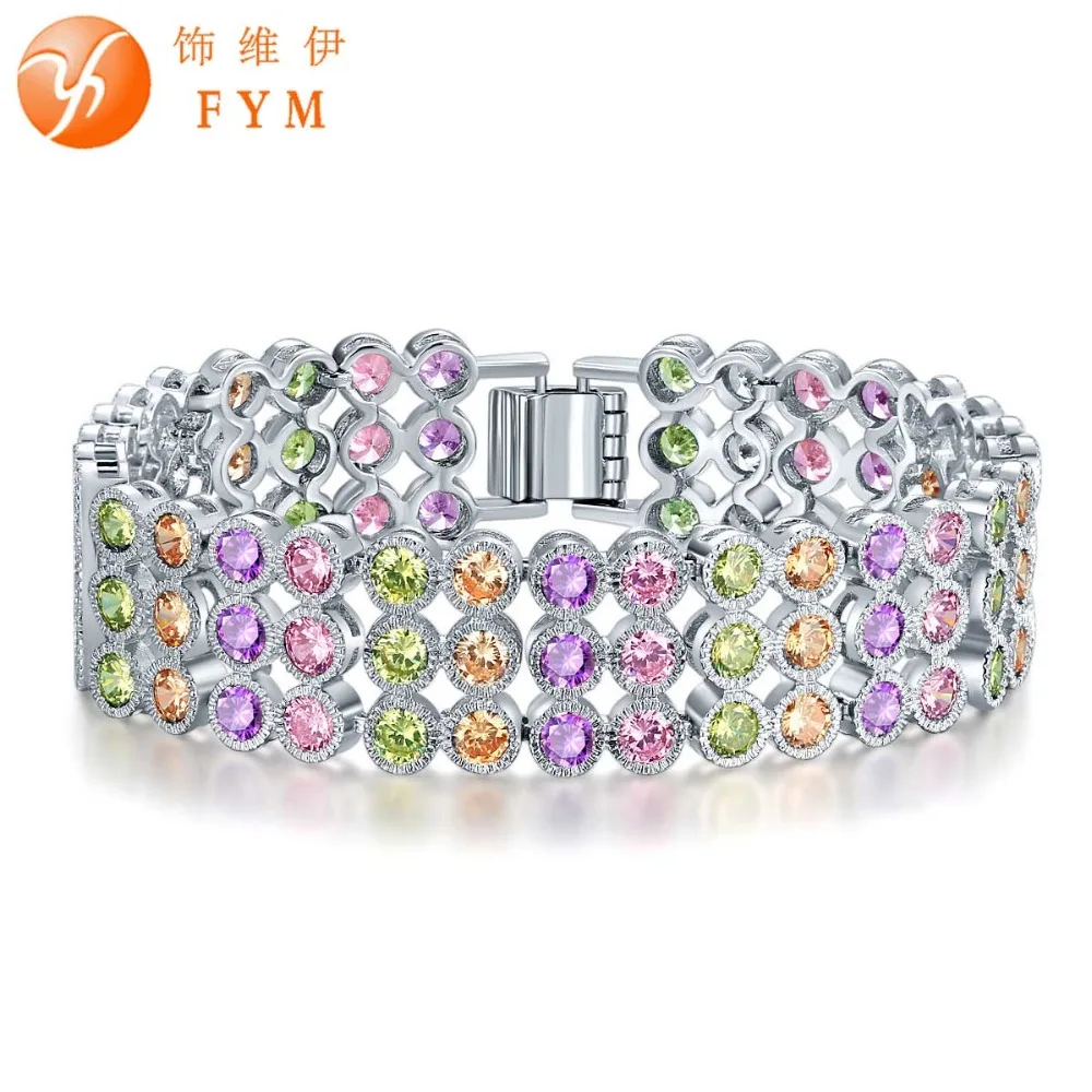 

FYM 18CM Colorful/Clear White 3 Rows Round Crystal Bracelet for Women High Quality Silver Plated Cubic Zircon Bracelets & Bangle
