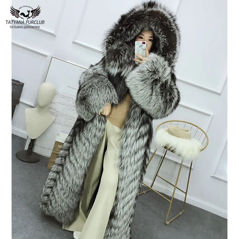 

Tatyana Furclub Real Fur Coat Winter For Women Natural Sliver Fox Fur Coat With Hood Coat Fur Long Outwear Hoodie Fur Luxury Top