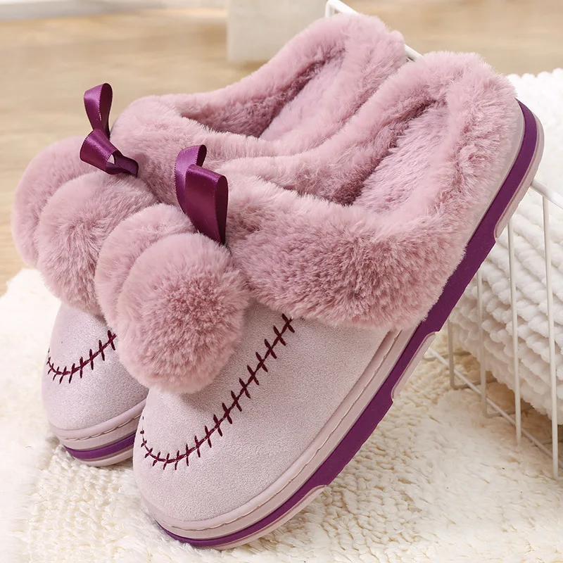 

Women Winter Slippers Female Home Shoes Warm Fur Lady Fur Slippers with Cute Pompon Balls Slip on Indoor Shoes High Quality