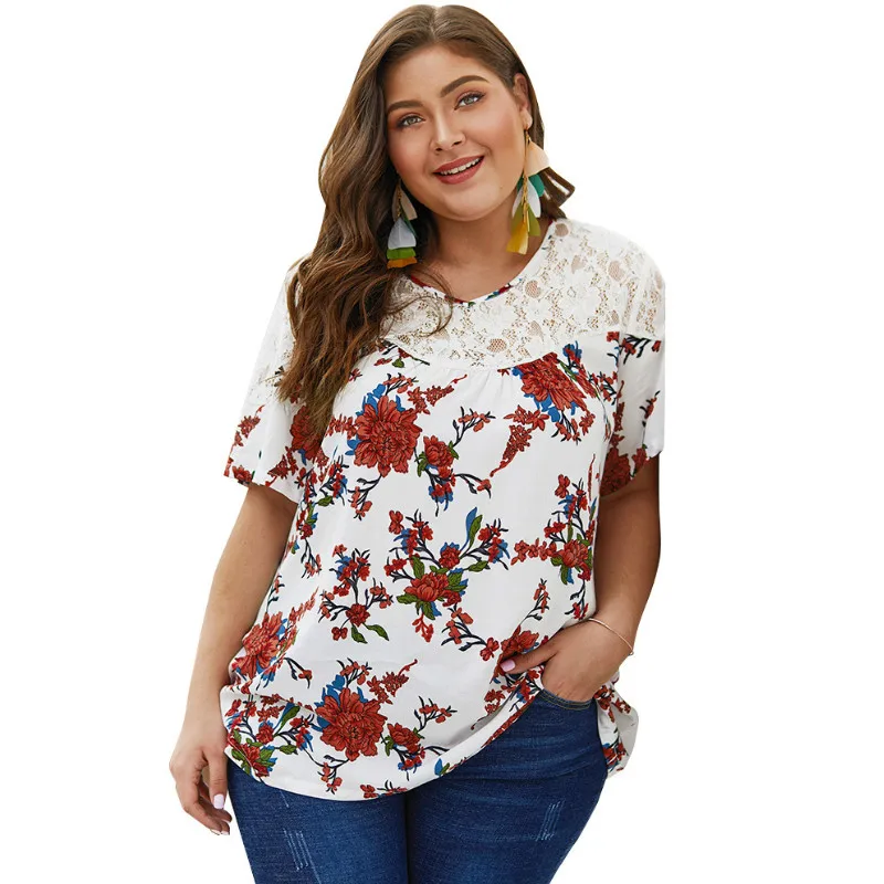 Ovesize Blouse Women Shirts Tops Big Size Floral Print Loose Chiffon Blusas Lce Patchwork Female Shirt Plus Size Mujer A062
