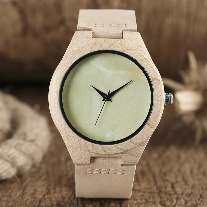 Light Green No Word Dial Wood Watch Whitening Bamboo Minimalist Analog Genuine Leather Novelty Clock Online Reloj de madera 2017 (11)