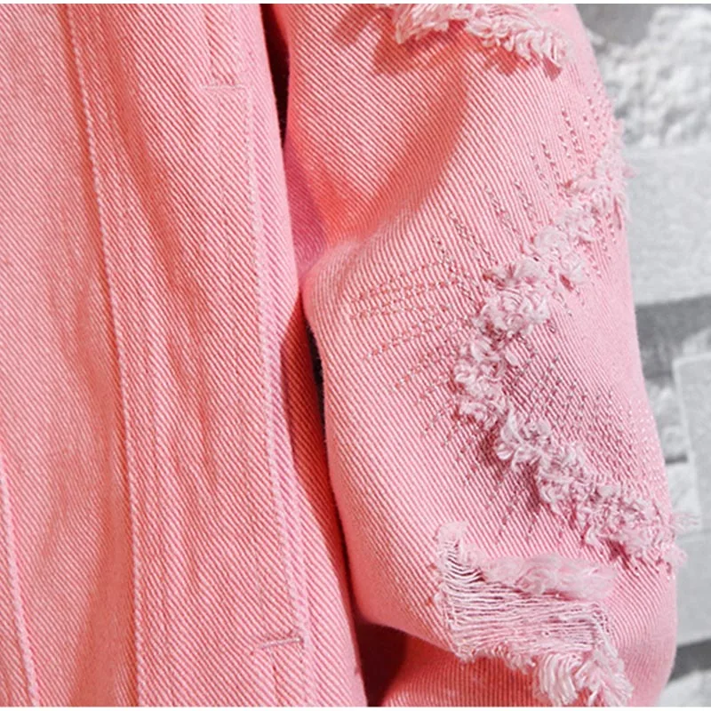 Very best  Plus Size Loose Ripped Black Denim Jacket Women 4Xl 5Xl Spring Streetwear Pink Red Basic Lover'S Je