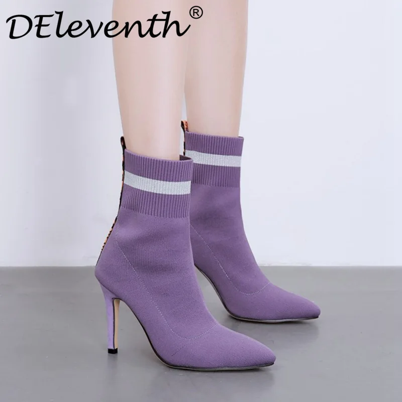 

Women's shoes stilettos high heel boots sexy knitting wool ankle boots women thin high heels boots fashion violet color wedding