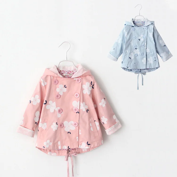 

Girls Fashion New Spring Autumn Flower Print Hooded Jacket for Girls Kids Trench Coat Girl Childrens Outerwear Clothing