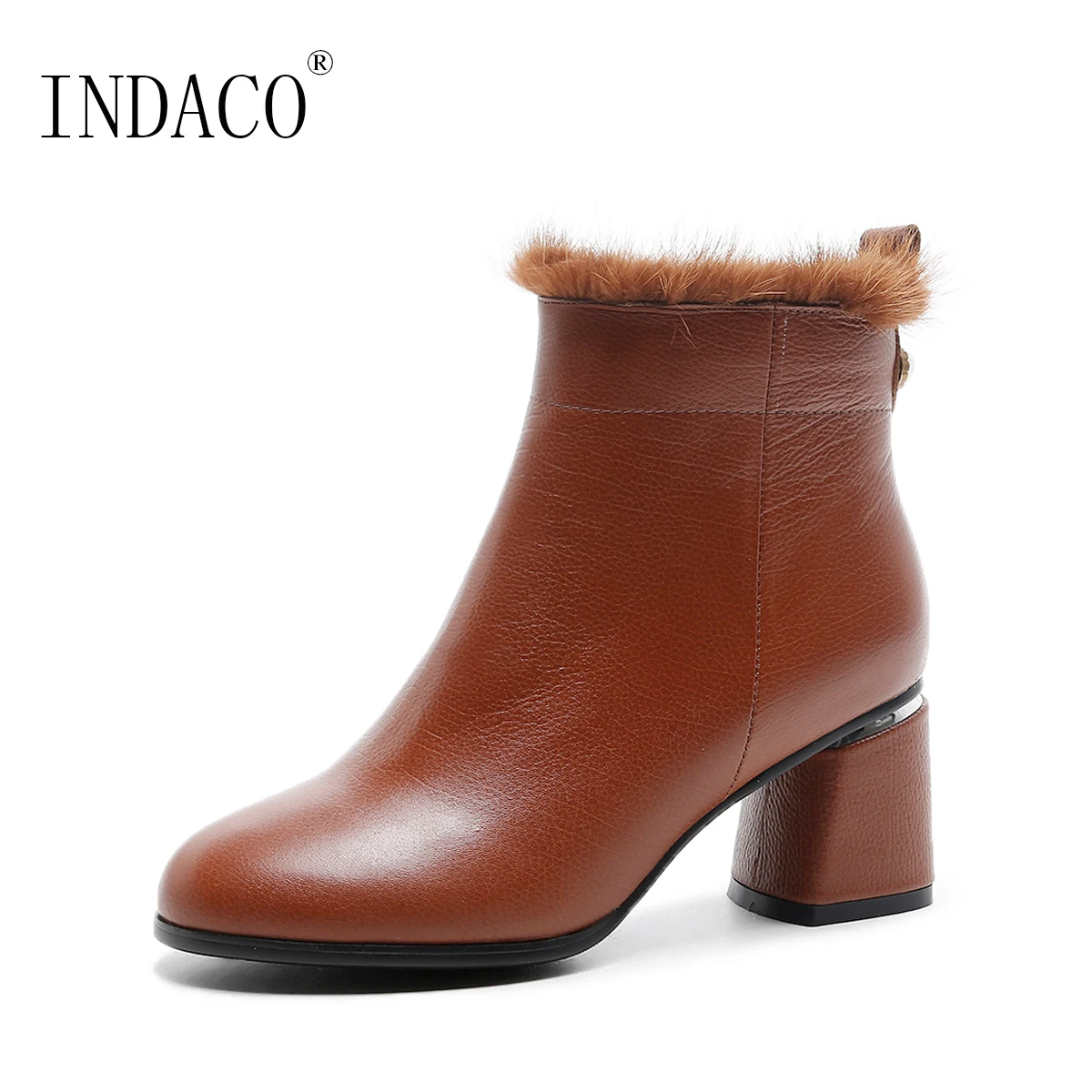 

Women Winter Raccoon Fur Leather Boots Warm 2018 New Chelsea Boots 6.5cm Round Toe