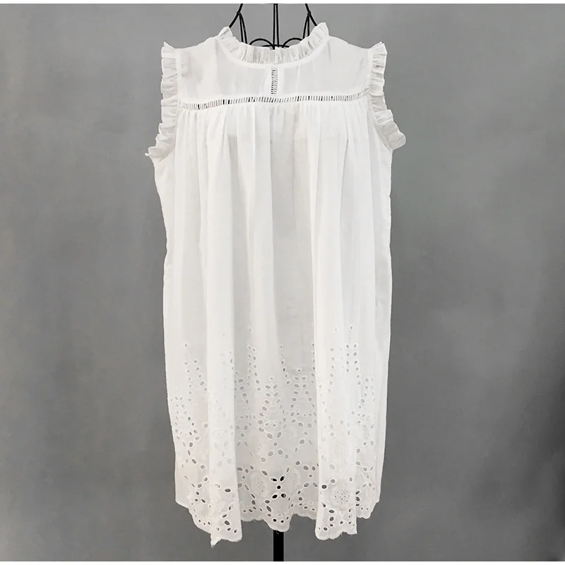 White Hollow Out Ruffles Sleeveless Women s Nightgown Casual Loose Night Mini Dress 2019 Summer Retro Court Plus Size Homewear