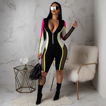 

Hot Women Long Sleeves Cropped Jumpsuit Colors Patchwork Mesh Bodycon Sports Coveralls SMA66