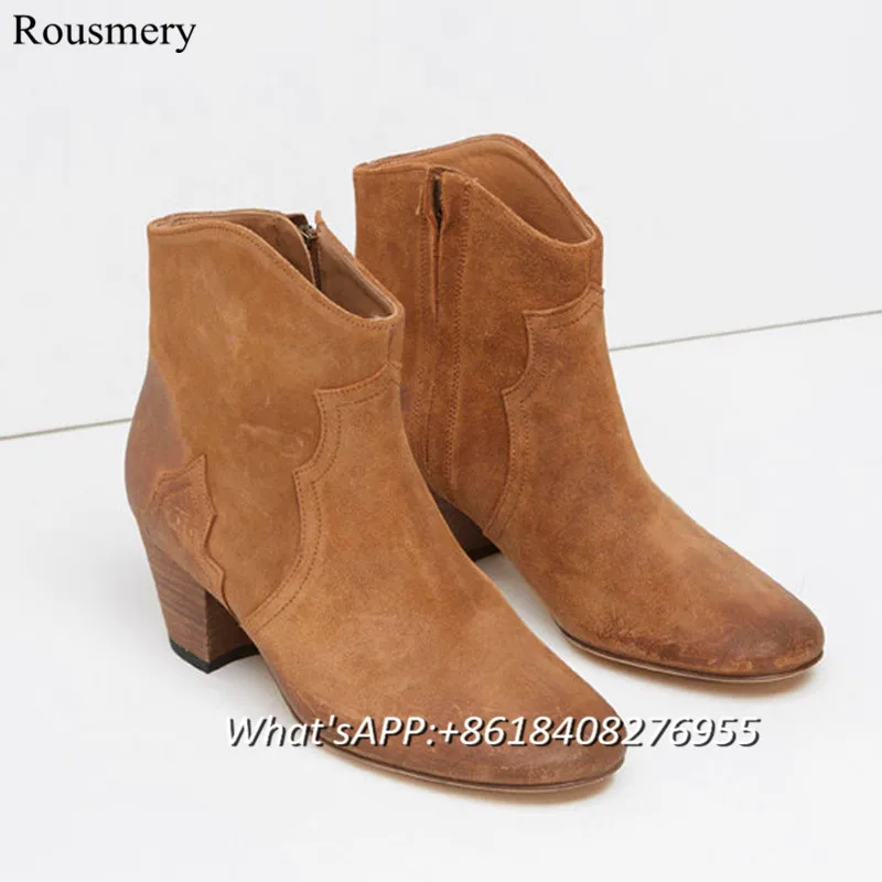 2017 Fashion Women Ankle Boots Shoes Women Mid Heels Chunk Heel Zipper Shoes Women Round Toe Nubuck Leather Charm Women Boots