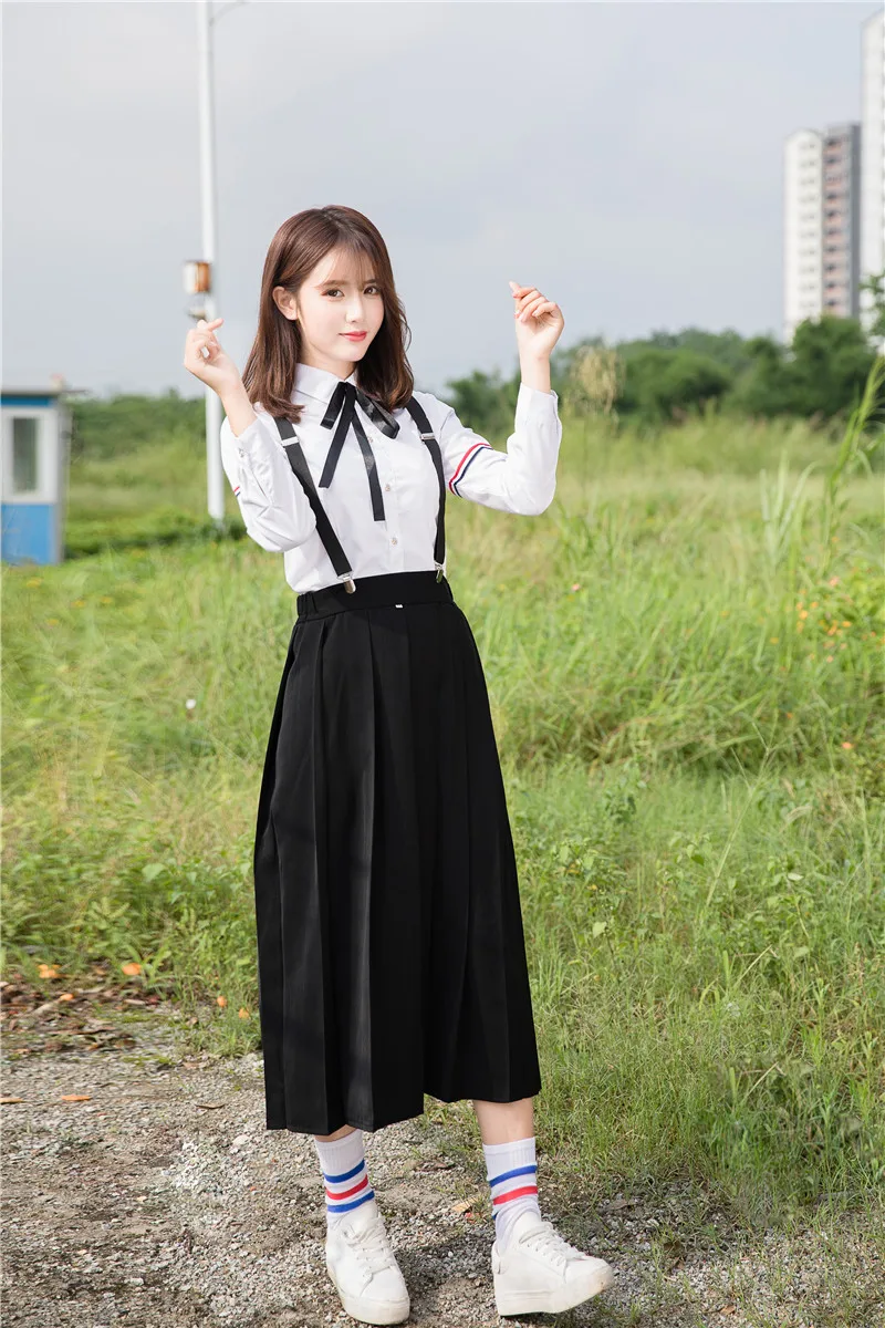 UPHYD школьная Униформа Комплект для школьной формы рубашка с длинными рукавами + юбка + галстук + подтяжки + ремень Японский Школьная униформа