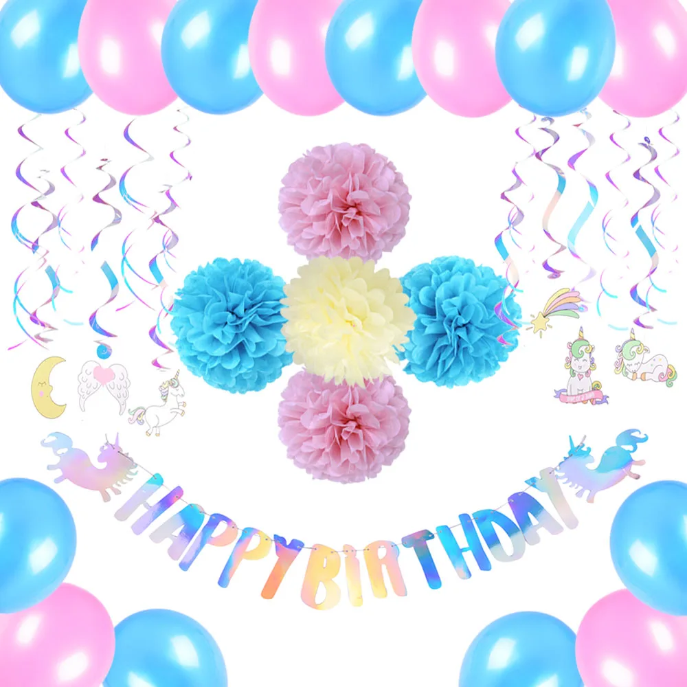 

Unicorn Birthday Party Decor Girl Rainbow Iridescent Happy Birthday Banner Swirl Curtain Balloons Shine Party Supplies Hot Sale