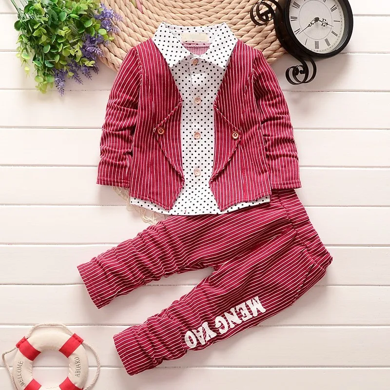 

BibiCola Spring kids Boys Formal Clothing Sets Toddler Child Clothes Suit Tracksuit Gentleman Baby Stripe Outfits Red Autumn