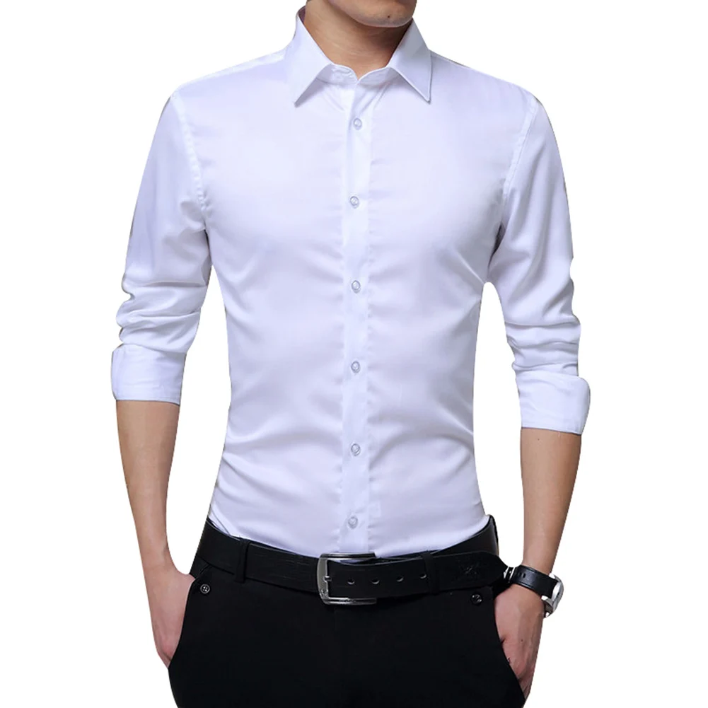 Новинка, Брендовые мужские осенние Рубашки с длинным рукавом, облегающие, одноцветные, с отложным воротником, смокинг, рубашки, деловые, официальные, мужские рубашки, большой размер 3XL - Цвет: white