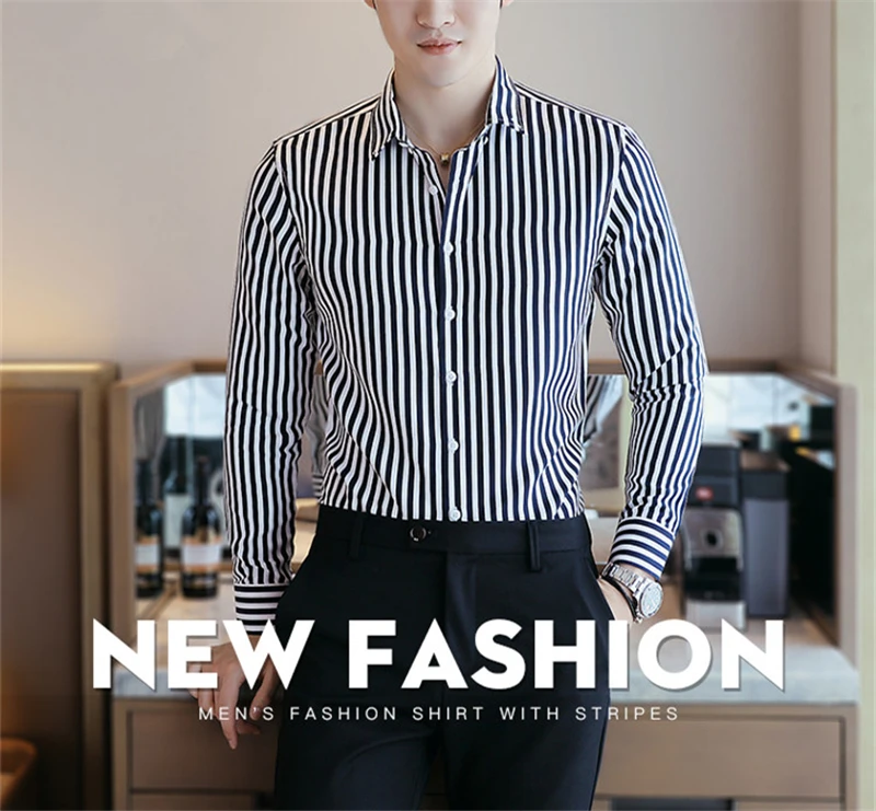 XingDeng для мужчин's бизнес повседневное рубашка в полоску хлопок Мода обтягивающая одежда с длинным рукавом сплошной однобортный плюс размеры 5xl