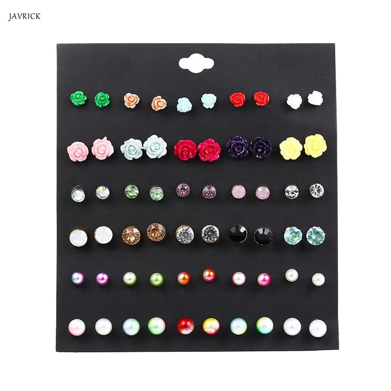 

30 Pairs Multiple Stud Earrings Pearls Crystal Resin Ball Piercing Earrings Set