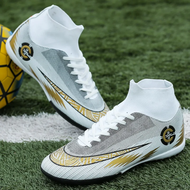 

FAN PAO High Top Ankle Protector School Student Kid Children Boy Girl Football Train Shoes Turf TF Flat Classic Soccer Sneakers