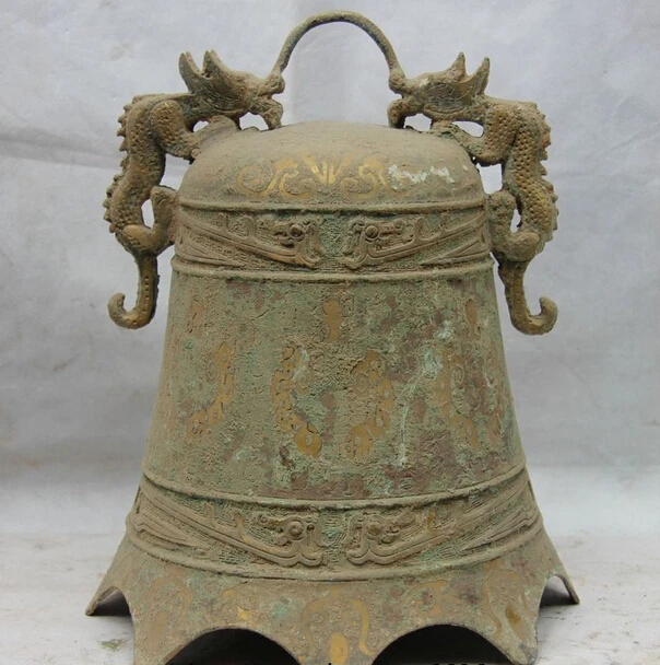 

S1344 13" Chinese Folk Bronze Gilt Temple Beast Dragon Wild Animal Buddha Clock Bell D0318